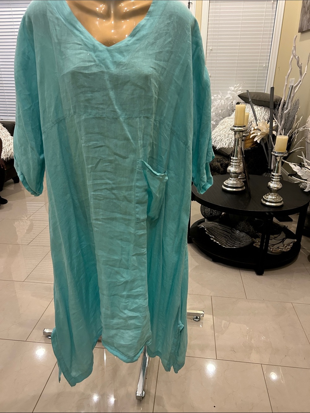 Turquoise V-Neck Linen Dress